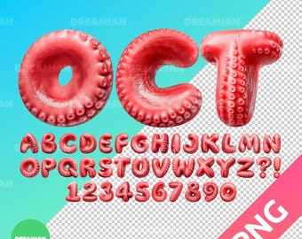 Octopus Tentacle Alphabet PNG: 3D Sea Monster Font (Digital Download)