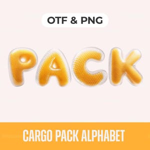 May include: The word PACK is displayed in a 3D bubble-style font with a yellow, honeycomb-textured interior and a clear, rounded outer border. Above the word, the text OTF & PNG is visible, and below, the text CARGO PACK ALPHABET is present.