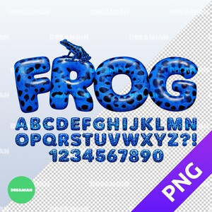Alfabeto de rana PNG / Lindas letras azules 3D para niños / Fuente con temática animal / Arte de pared para guardería / Letras prediseñadas de rana imprimibles