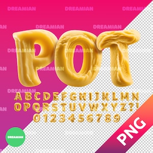 以下が含まれることがあります： 温かみのある黄色で表現された3Dフォントセット。POTの文字、アルファベット、数字の0〜9が含まれています。文字は生地のような質感です。背景はピンクと紫のグラデーションで、「DREAMIAN」の文字が繰り返されています。