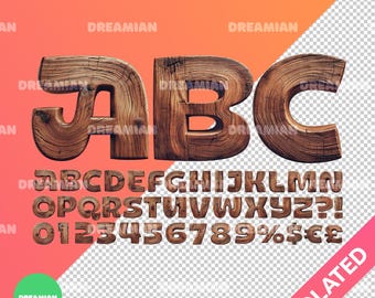 May include: Wooden alphabet letters and numbers in a 3D design. The letters A, B, and C are prominently displayed, with the full alphabet, numbers, and symbols below. The letters are brown with a wood grain texture.