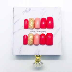 LOVE SICK- Red | Pink | Gold | Short | Press on nails | Glue on nails | Nail Lingerie