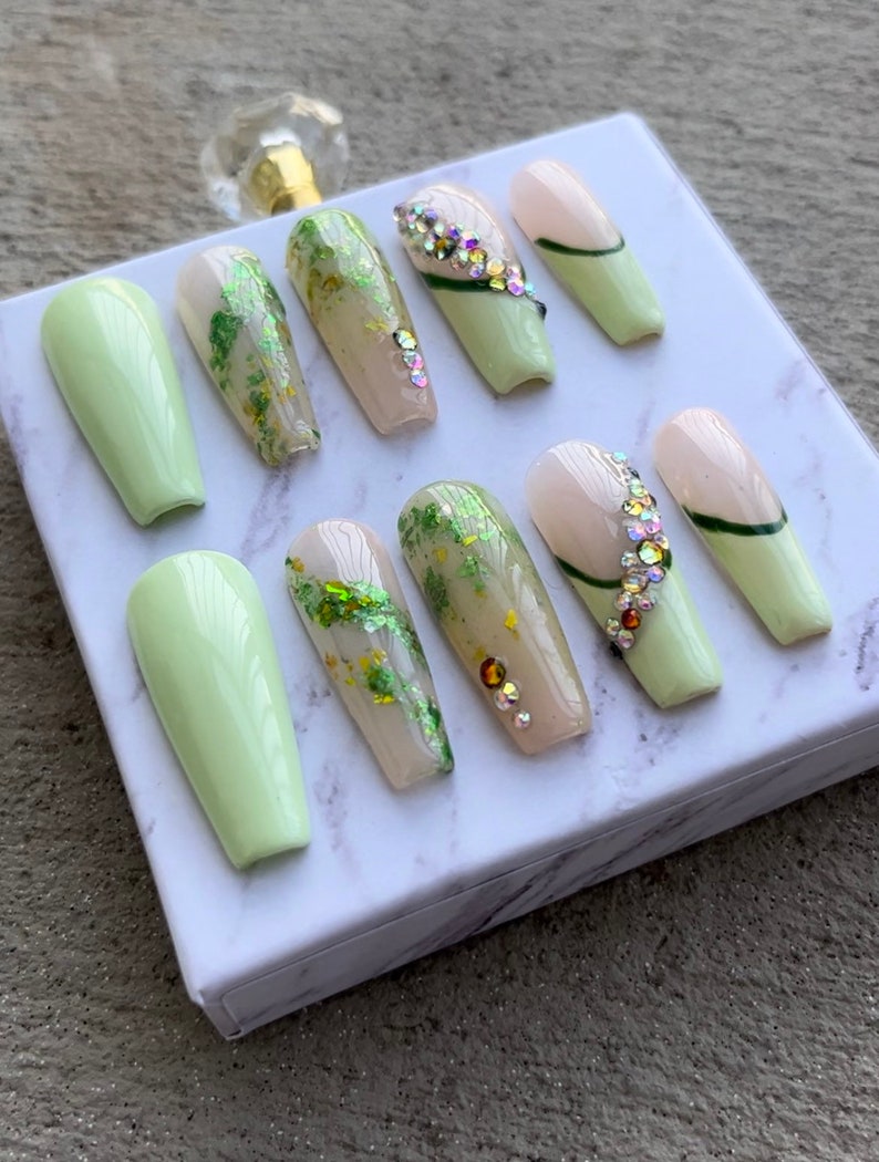 Secret Garden Pastel Green french Tip Diamond Bling Press on Nails Glue