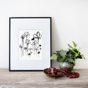 Abstract Flower Art Black and White Floral Print Minimalist Ink Painting Nature Print Abstract Floral Painting image 1