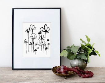 Abstract Flower Art | Black and White Floral Print | Minimalist Ink Painting | Nature Print | Abstract Floral Painting