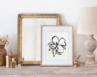 Black and White Single Flower Painting | Modern Flower Painting | Floral Wall Art | Plant Print | Abstract Floral Art | Ink Painting