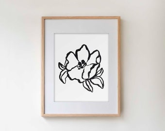 Black and White SIngle Flower Painting | Modern Flower Painting | Floral Wall Art | Plant Print | Abstract Floral Art | Ink Painting