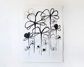 Original Funky Flower Art | Black and White Floral Print | Minimalist Ink Painting | Nature Print | Abstract Botanical Painting