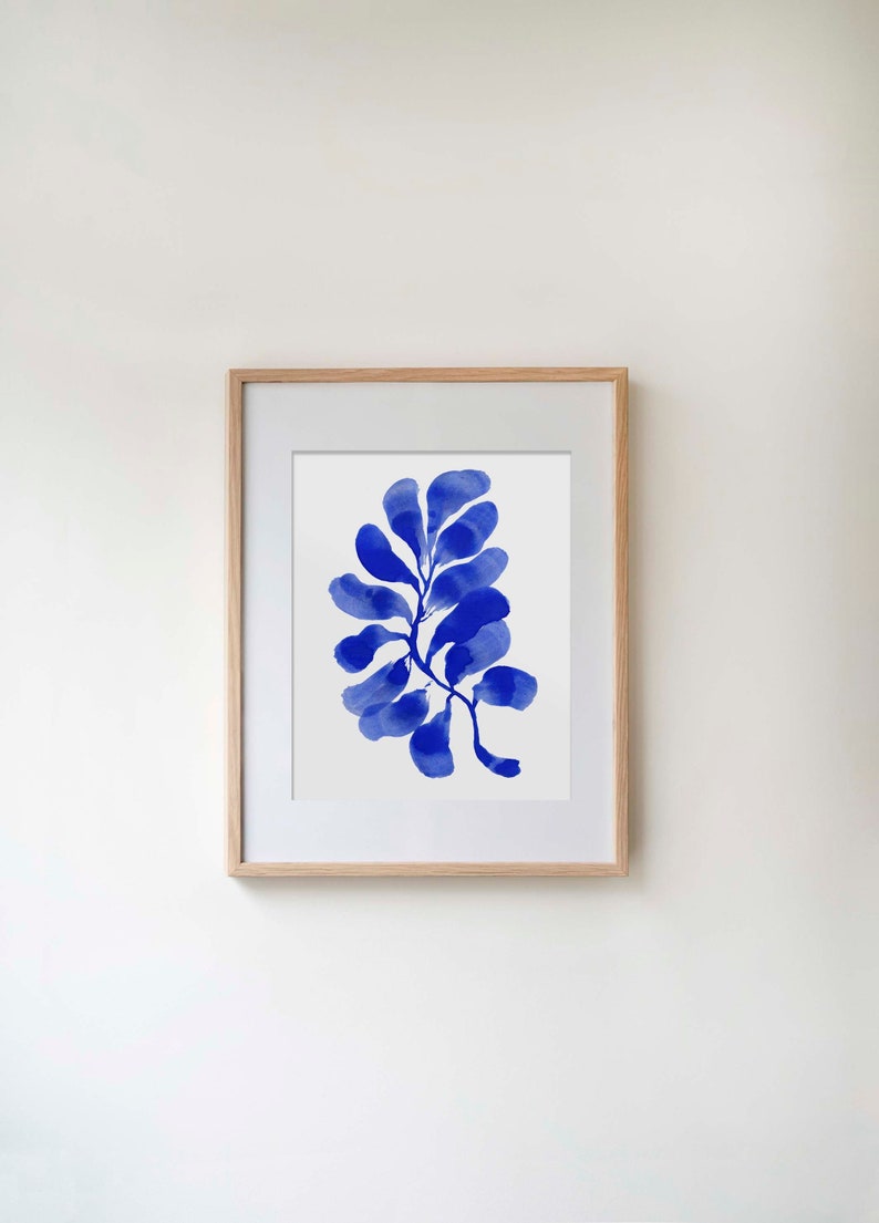 Black and White Leafy Branch Painting Modern Flower Painting Floral Wall Art Simple Plant Print Abstract Floral Art Ink Painting Royal Blue