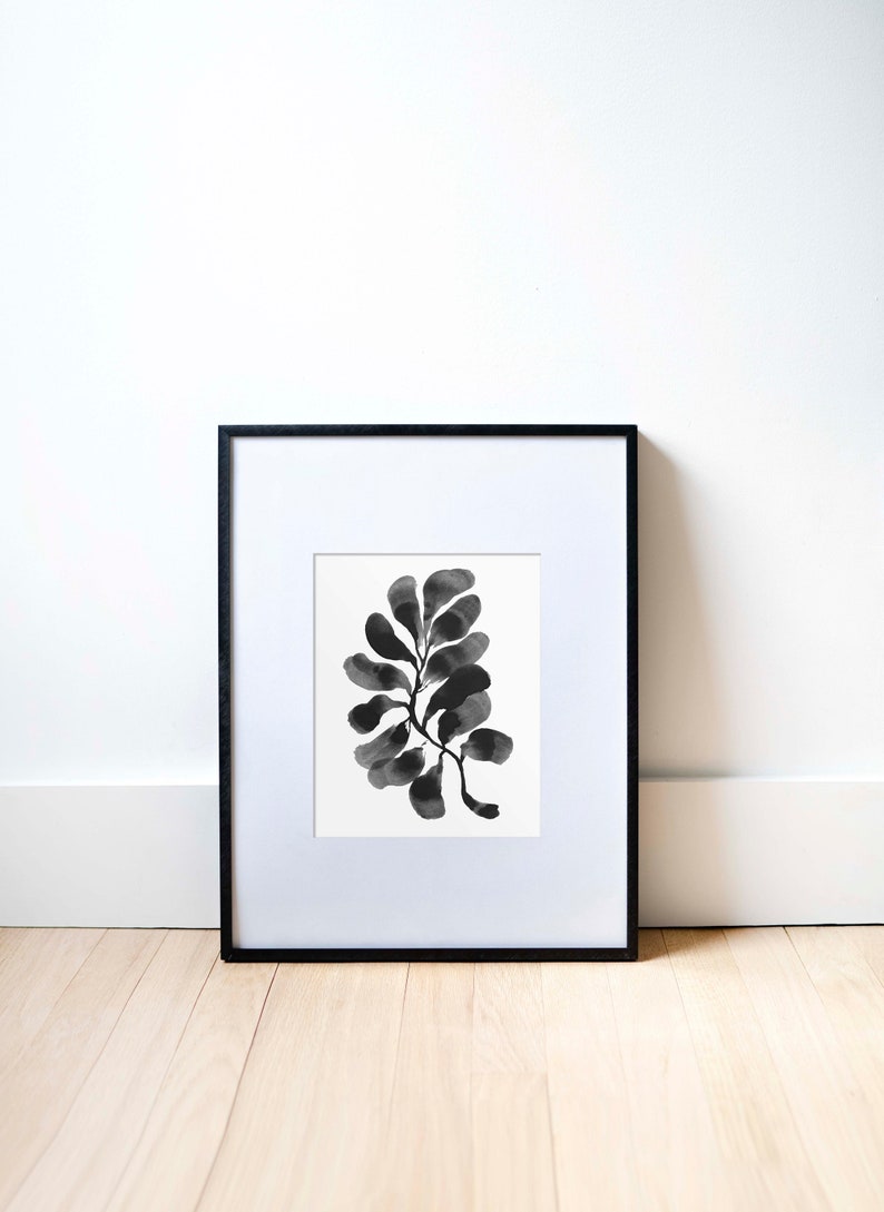 Black and White Leafy Branch Painting Modern Flower Painting Floral Wall Art Simple Plant Print Abstract Floral Art Ink Painting Black