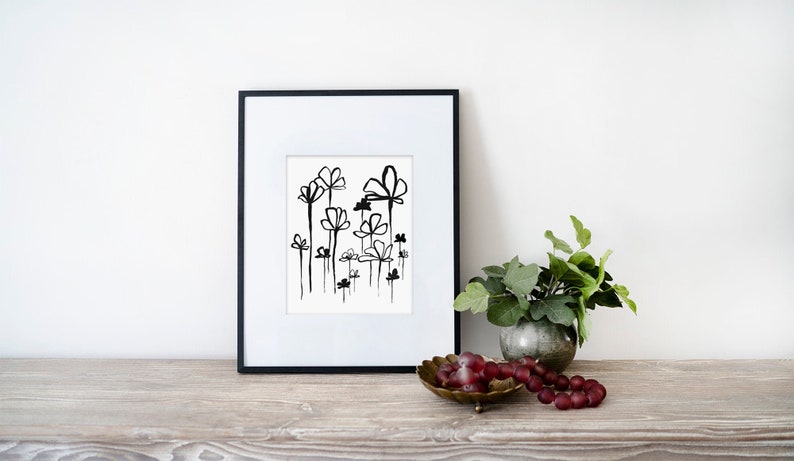 Abstract Flower Art Black and White Floral Print Minimalist Ink Painting Nature Print Abstract Floral Painting image 1