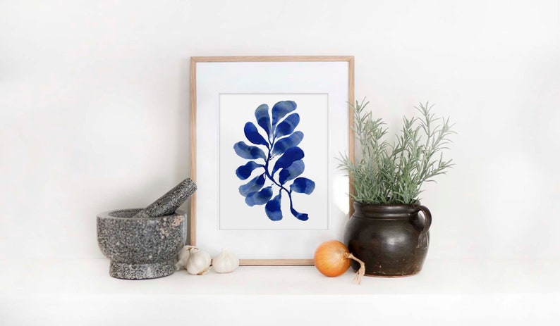 Black and White Leafy Branch Painting Modern Flower Painting Floral Wall Art Simple Plant Print Abstract Floral Art Ink Painting Navy