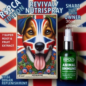 May include: A 30 ml bottle of RSPCA Animal Immune Nutritia a Amolzza spray with a green bottle and silver atomiser. The bottle is labelled with the RSPCA logo and the text "Animal Immune" in white letters. The bottle is sitting on a red, white, and blue background with a cartoon dog's face. The text "You raenontal worl Minigot san mod l all ucl day." is printed on the bottle.