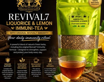 May include: A lime green pouch of Revival7 Immuni-Tea containing 35g of loose leaf liquorice and lemon tea. The packaging features the text Revival7, Immuni-Tea, and Chef Danny McDonnell. A glass cup of brewed tea sits beside lemon slices and liquorice sticks.