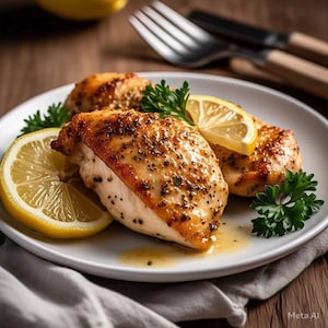May include: Two pieces of grilled chicken breast with lemon slices and parsley on a white plate.