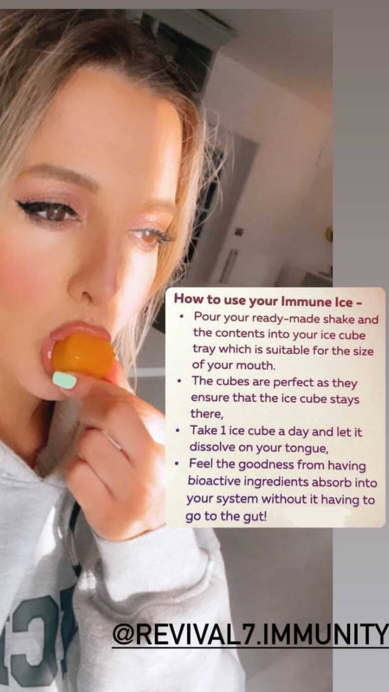 May include: A woman is holding a bright orange ice cube in her mouth. The text on the image reads "How to use your Immune Ice - Pour your ready-made shake and the contents into your ice cube tray which is suitable for the size of your mouth. The cubes are perfect as they ensure that the ice cube stays there, Take 1 ice cube a day and let it dissolve on your tongue, Feel the goodness from having bioactive ingredients absorb into your system without it having to go to the gut! @REVIVAL7.IMMUNITY"
