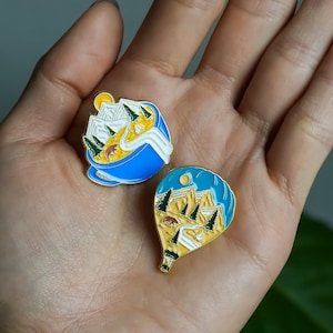 Hot Air Balloon Design, Outdoor Adventures Landscape Soft Enamel Pin, Waterfall, Bear Pin FREE SHIPPING