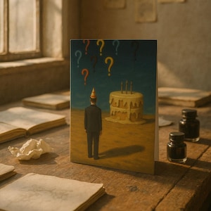Puede incluir: Tarjeta de felicitación con una escena de cumpleaños surrealista. Una persona con traje y gorro de fiesta está frente a una tarta con velas. Signos de interrogación flotan arriba. La tarjeta está sobre una mesa de madera con tinteros y papel envejecido.