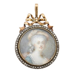 Diamante georgiano y colgante de retrato en miniatura de oro de 14K, joyería georgiana, colgante de retrato antiguo, joyería pintada, colgante antiguo