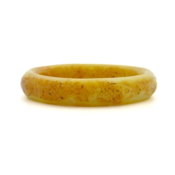 Carved Fish Yellow Serpentine Bangle Bracelet - image 3