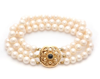 14 Karat Gold Cultured Pearl and Garnet Bracelet