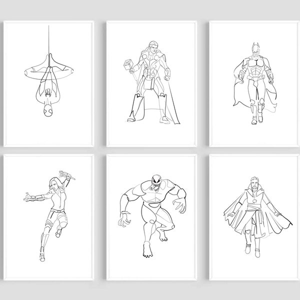Superhero Movie Prints Minimal Line Art Posters Boys Wall Art Set Of 9 To Choose From