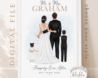 May include: A framed digital print featuring an illustration of a family of four from behind. The text reads Mr & Mrs GRAHAM, Happily Ever After, and 26TH JUNE 2026. The figures include a person in a white wedding dress, a person in a black suit, and two children.