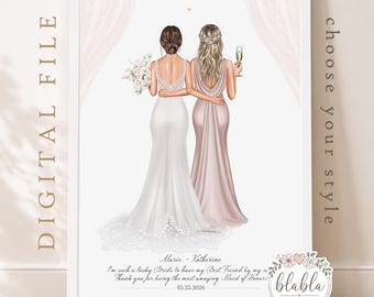 Custom Bride & Maid of Honor Portrait: Wedding Keepsake (Digital File)