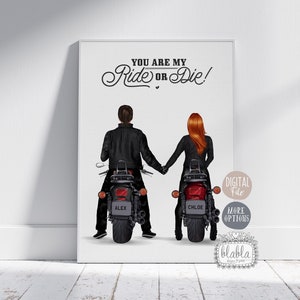 Póster personalizado de moteros de pareja, regalo de motociclistas, regalo de pareja, regalo de aniversario, montar en moto juntos, imprimir montar o morir, archivo digital
