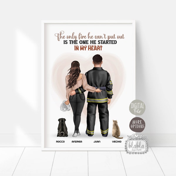 Personalised Valentines Gift, Custom firefighter Couple, Fireman Boyfriend, Fireman Husband, Anniversary Gift, Pets Family, Digital File