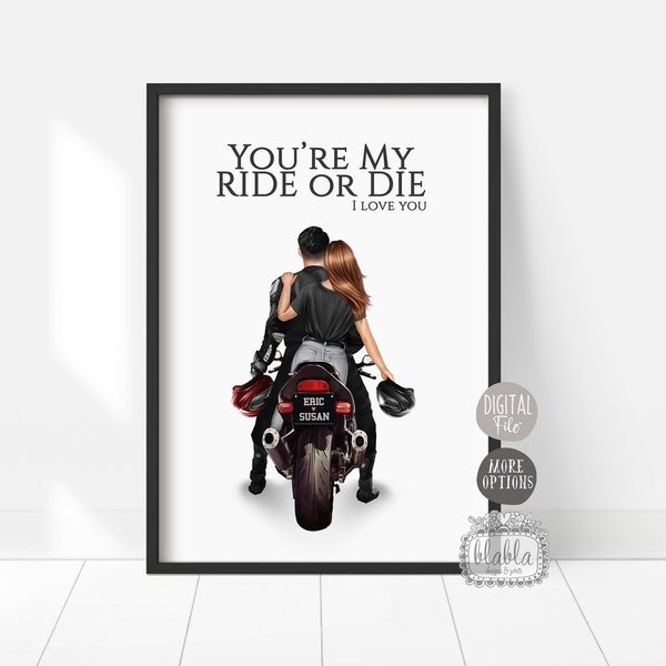 Póster de pareja personalizado, regalo de motociclista, regalo de pareja, regalo de aniversario, montar en moto juntos, regalo de amistad, archivo digital