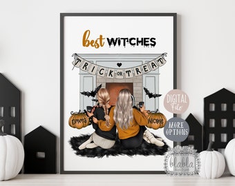 Spersonalizowany prezent dla przyjaciół na Halloween, prezent dla najlepszej przyjaciółki, spersonalizowany portret czarownicy, prezent na Halloween dla przyjaciela, prezent na Halloween dla niej plik cyfrowy