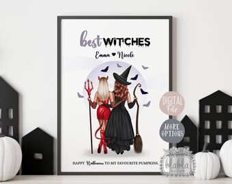 Spersonalizowany prezent dla przyjaciół na Halloween, prezent dla najlepszej przyjaciółki, spersonalizowany portret czarownicy, prezent na Halloween dla przyjaciela, prezent na Halloween dla niej plik cyfrowy