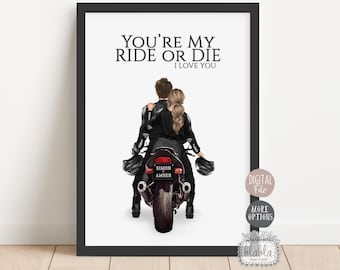 Personalised Couple Poster, Biker Gift, Couple Gift, Anniversary Gift, Riding Motorbike Together, Friendship gift, Digital File