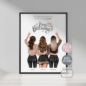 3 Freunde Geburtsgeschenk, 21. Geburtstag Beste Freundin Poster, Mädchen Gruppe Bande, Freundin Wandkunst, Geburtstagsgeschenk, Individuelles Geschenk digitale Datei