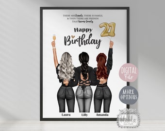 Puede incluir: Un diseño digital imprimible con tres mujeres de pelo largo, con tops negros y vaqueros, de espaldas. Las mujeres sostienen un globo dorado que dice "21" y el texto "Feliz cumpleaños" está encima de ellas. El texto "There are friends, there is family, & then there are friends that become family." está en la parte superior del diseño. El texto "Archivo digital" y "Más opciones" está en la parte inferior del diseño.