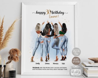 Puede incluir: Un diseño digital imprimible con cuatro mujeres en jeans y blusas, brindando por un 30 cumpleaños. El texto dice "¡Feliz cumpleaños número 30, Emma!" y "Los mejores amigos son las personas con las que puedes hacer cualquier cosa y nada y aún así pasar el mejor momento."