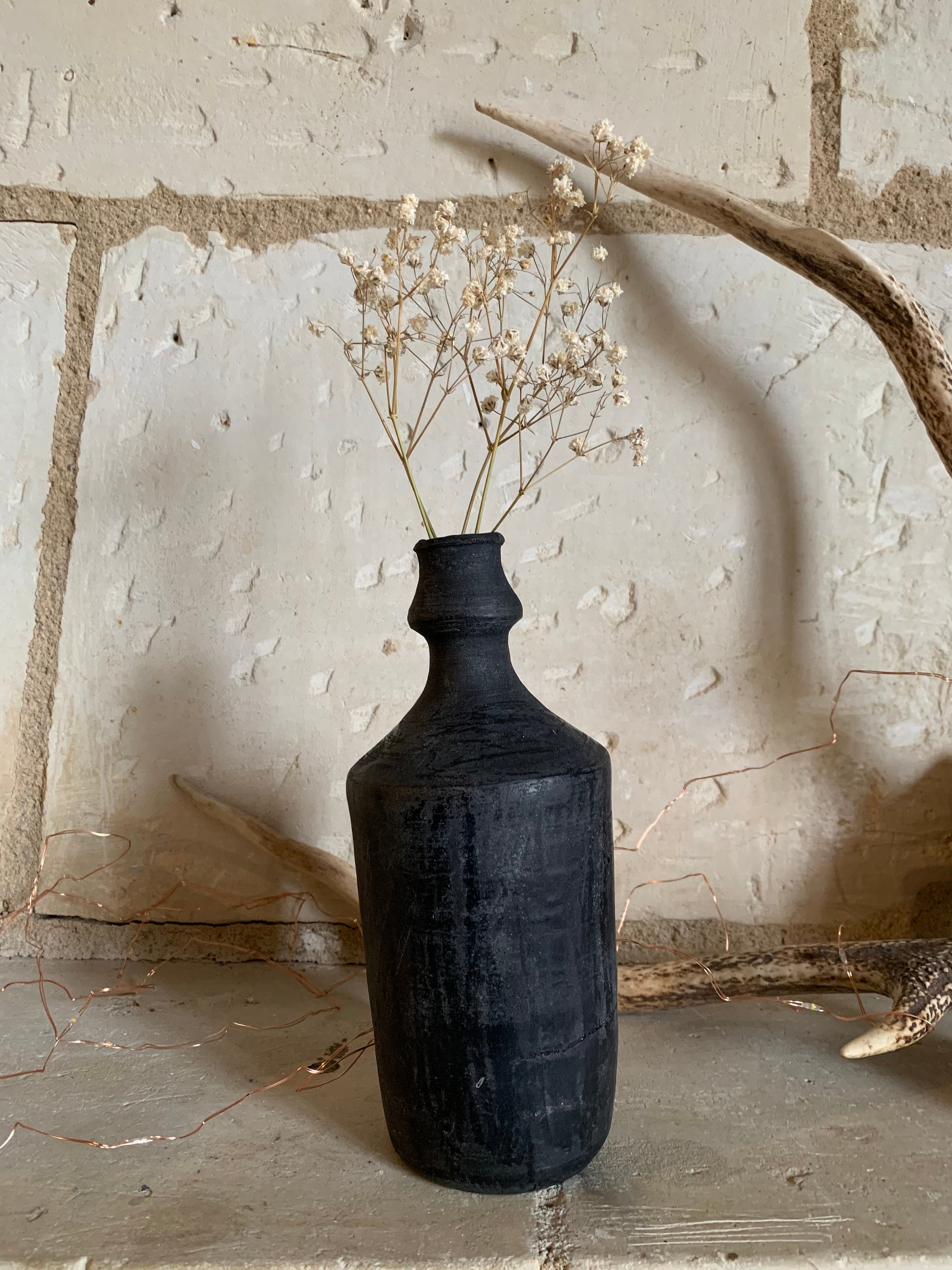Wonky Vintage Black Earthenware Bouteille