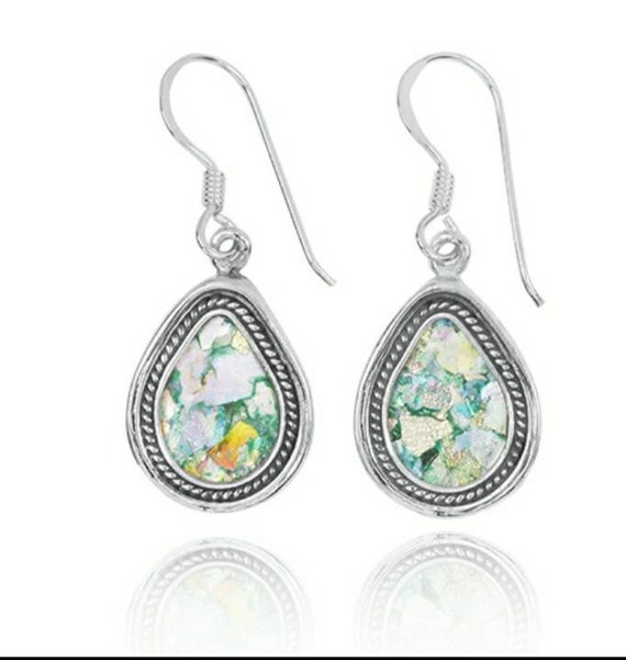 Ancient Roman Glass Earrings Teardrop Shape Sterling Silver Ancient Roman Glass Earrings Teardrop Shape Sterling Silver