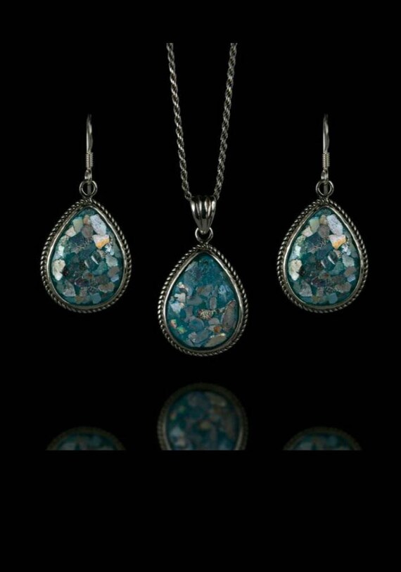 Ancient Roman Glass Necklace Teardrop Shape Sterling Silver with Bead Chain Ancient Roman Glass Necklace Teardrop Shape Sterling Silver with Bead Chain