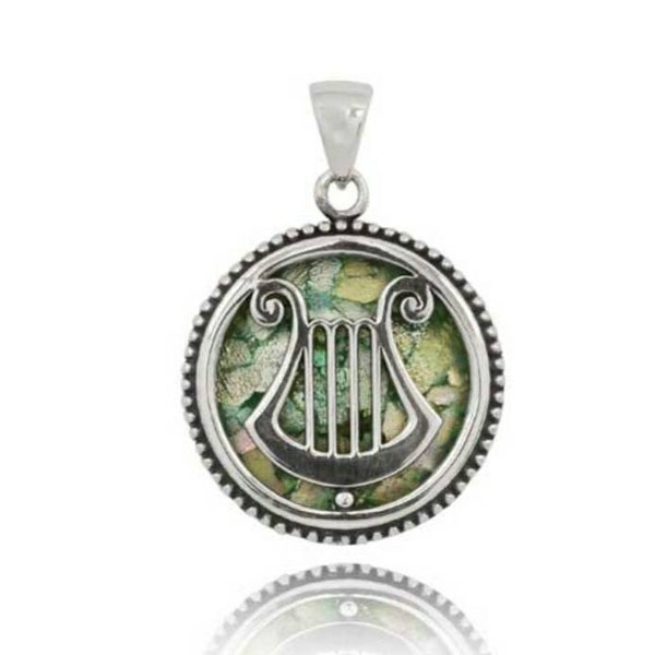 David harp sterling silver pendant set with roman glass-ancient roman glass pendant-israeli pendant SALE - Israel david harp symbol pendant