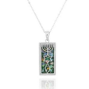 Roman Glass Grafted In Messianic Pendant - Roman glass jewelry -Sterling Silver -Made in Israel -  Natural silver glass- Ancient Messianic