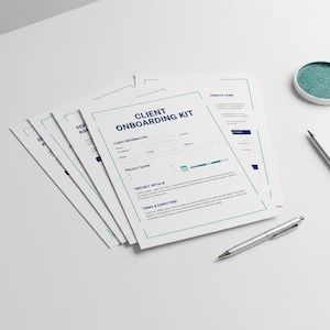 May include: A stack of white paper documents titled Client Onboarding Kit with dark blue text and teal accents, featuring sections for client information, project scope, and terms and conditions, accompanied by a silver metal ballpoint pen.