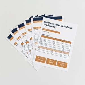 Może przedstawiać: Stos białych arkuszy papieru z tytułem Freelance Rate Calculator Worksheet, ciemnoniebieskim tekstem i pomarańczowymi akcentami. Dokument zawiera sekcje dotyczące celu dochodowego, zestawienia wydatków oraz stawek godzinowych, dziennych i tygodniowych.