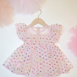 Pink Coral Rainbow Confetti Polka Dot Tulle Dress for Baby Perfect For Photoshoot, First Birthday, Party Dress