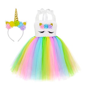 Girls Neon Rainbow Unicorn Dress Set for Birthday Holiday Dress Up