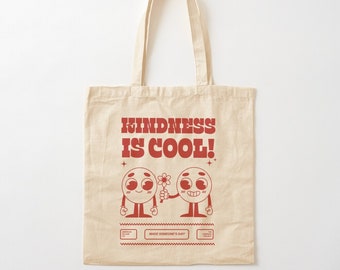 Kindness is Cool Canvas Tote Bag, Retro Farmers Market Canvas Tote Bag, Aesthetic, Canvas Grocery Reusable Bag, Smiley Face Bag