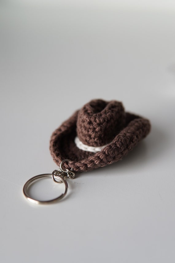 Crocheted Cowboy Hat Keychain, Handmade Yarn Bag Charm