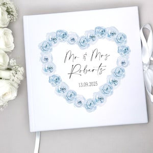 Personalised Ice Blue Floral Heart Wedding Guestbook, Blue Floral Wedding Theme, Guest Book White Velvet, Wedding Gift For Couple,