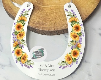 Personalised Wedding Horseshoe, Sunflower & Lavender, Bridal Gift, Good Luck Wedding Gift